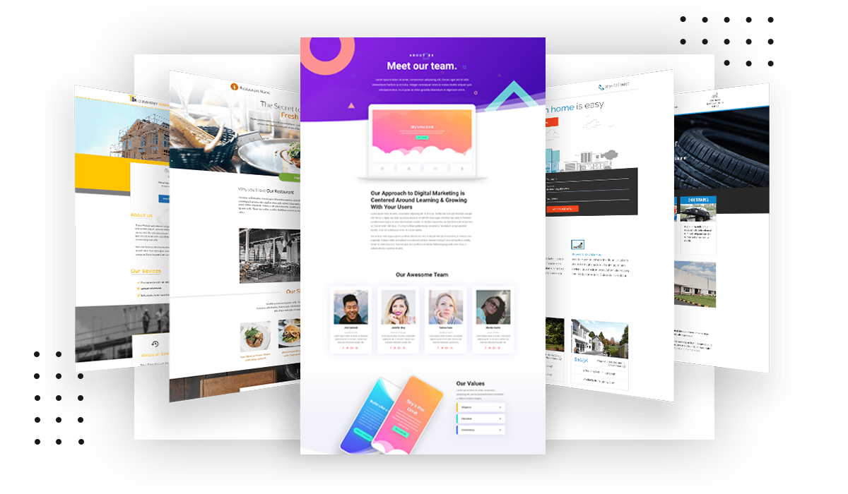 Multiple previews of website templates.