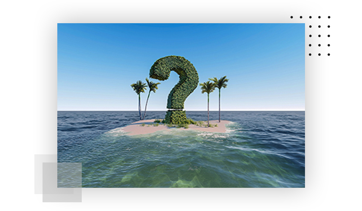 A tree shaped in form of question mark sitting on a tiny island.